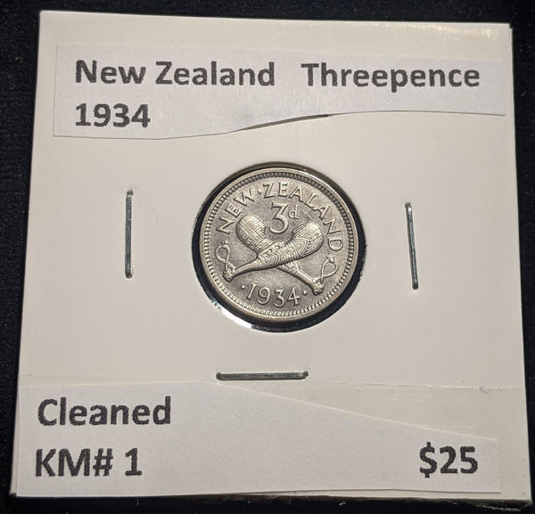 New Zealand 1934 Threepence 3d KM# 1 Cleaned #013 #19B