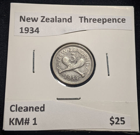 New Zealand 1934 Threepence 3d KM# 1 Cleaned #013 #19B