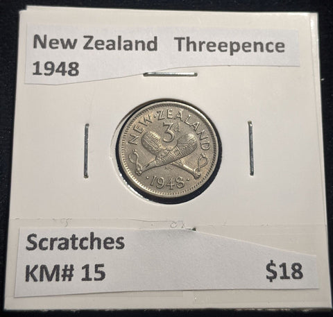New Zealand 1948 Threepence 3d KM# 15 Scratches #068 #19B