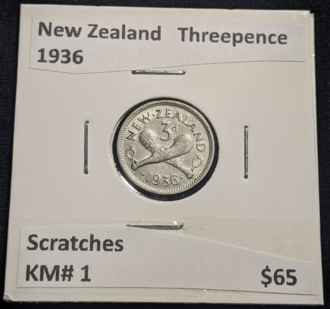 New Zealand 1936 Threepence 3d KM# 1 Scratches #007 #19B