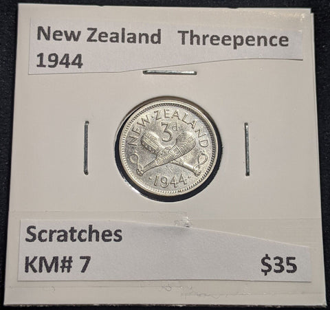 New Zealand 1944 Threepence 3d KM# 7 Scratches #043 #19B