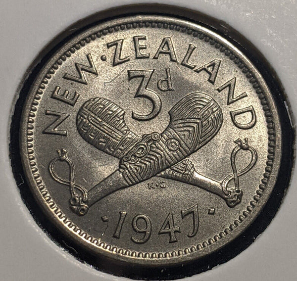 New Zealand 1947 Threepence 3d KM# 7a Scratch #077 #19B