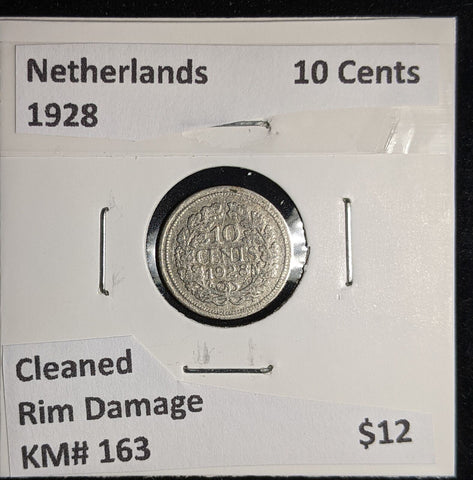 Netherlands 1928 10 cents KM# 163 Cleaned Rim Damage #050 #17A