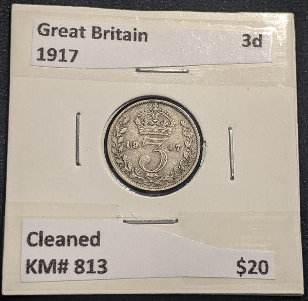 Great Britain 1917 Threepence 3d KM# 813 Cleaned #257  #19C