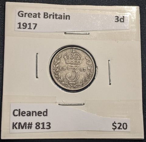 Great Britain 1917 Threepence 3d KM# 813 Cleaned #257  #19C
