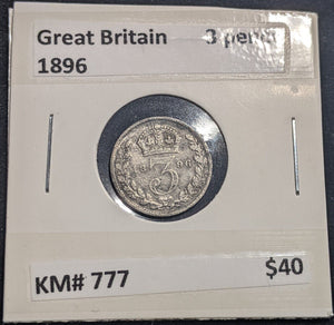 Great Britain 1896 Threepence 3d KM# 777 Cleaned #S25  #19C