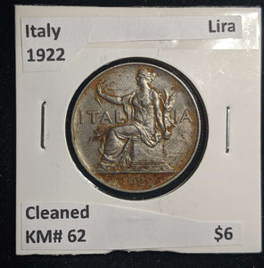 Italy 1922 Lira KM# 62 Cleaned #123 #13C