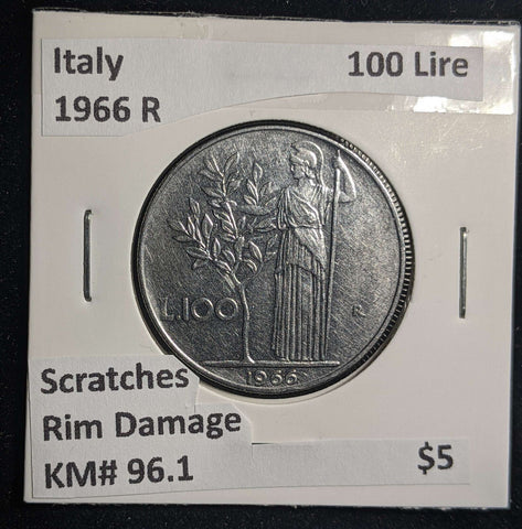 Italy 1966 R 100 Lire KM# 96.1 Scratches Rim Damage #1600 #13C