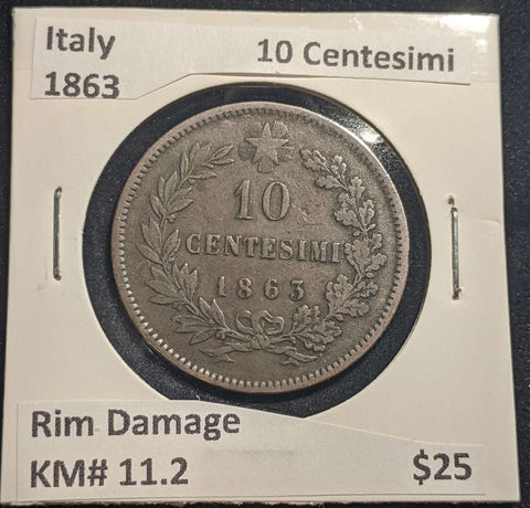 Italy 1863 10 Centesimi KM# 11.2 Rim Damage #1037 #24A