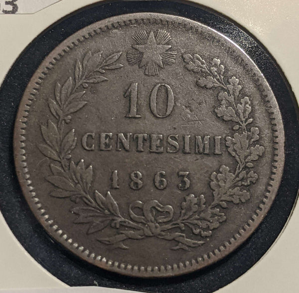 Italy 1863 10 Centesimi KM# 11.2 Rim Damage #1037 #24A