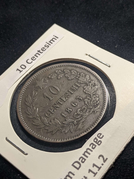 Italy 1863 10 Centesimi KM# 11.2 Rim Damage #1037 #24A