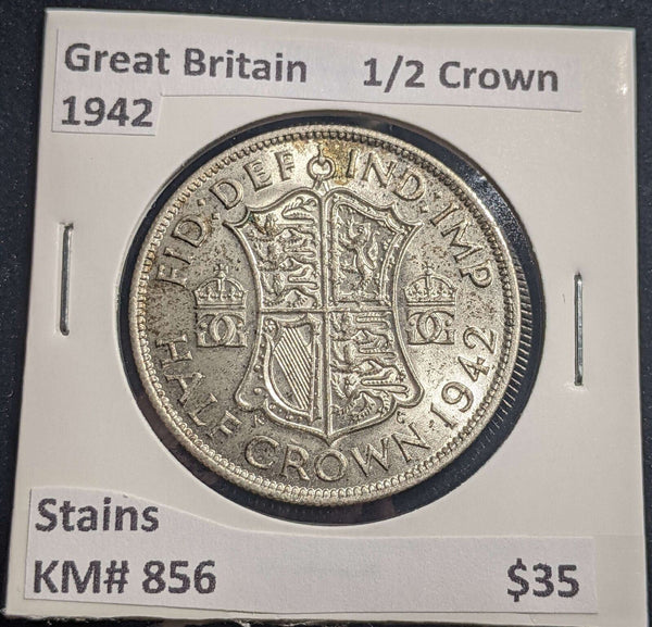 Great Britain 1942 1/2 Crown KM# 856 Stains #013 #24A