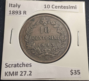 Italy 1893 R 10 Centesimi KM# 27.2 Scratches #1492 #23C