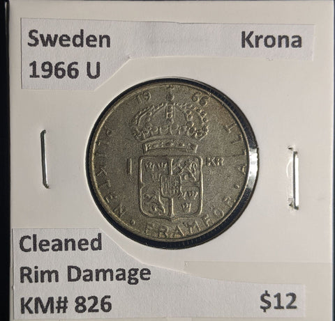 Sweden 1966 U Krona KM# 826 Cleaned Rim Damage #562 #24B