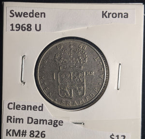 Sweden 1968 U Krona KM# 826 Cleaned Rim Damage #072 #24B