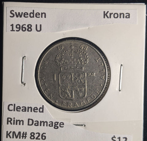 Sweden 1968 U Krona KM# 826 Cleaned Rim Damage #072 #24B