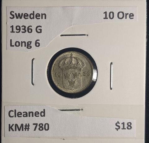 Sweden 1936 G 10 Ore Long 6 KM# 780 Cleaned #279 #24B