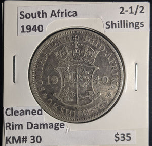 South Africa 1940 2-1/2 Shillings KM# 30 Cleaned Rim Damage #323 #24B