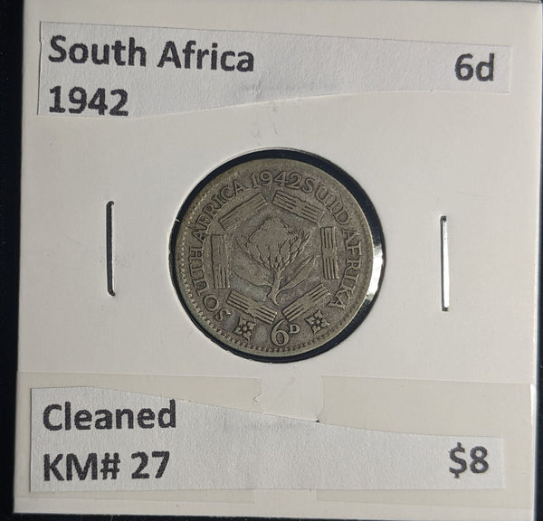 South Africa 1942 6 Pence Sixpence 6d KM# 27 Cleaned #0254 #24