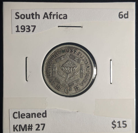 South Africa 1937 6 Pence Sixpence 6d KM# 27 Cleaned #0241 #24C