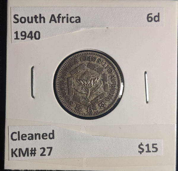 South Africa 1940 6 Pence Sixpence 6d KM# 27 Cleaned #035 #24C