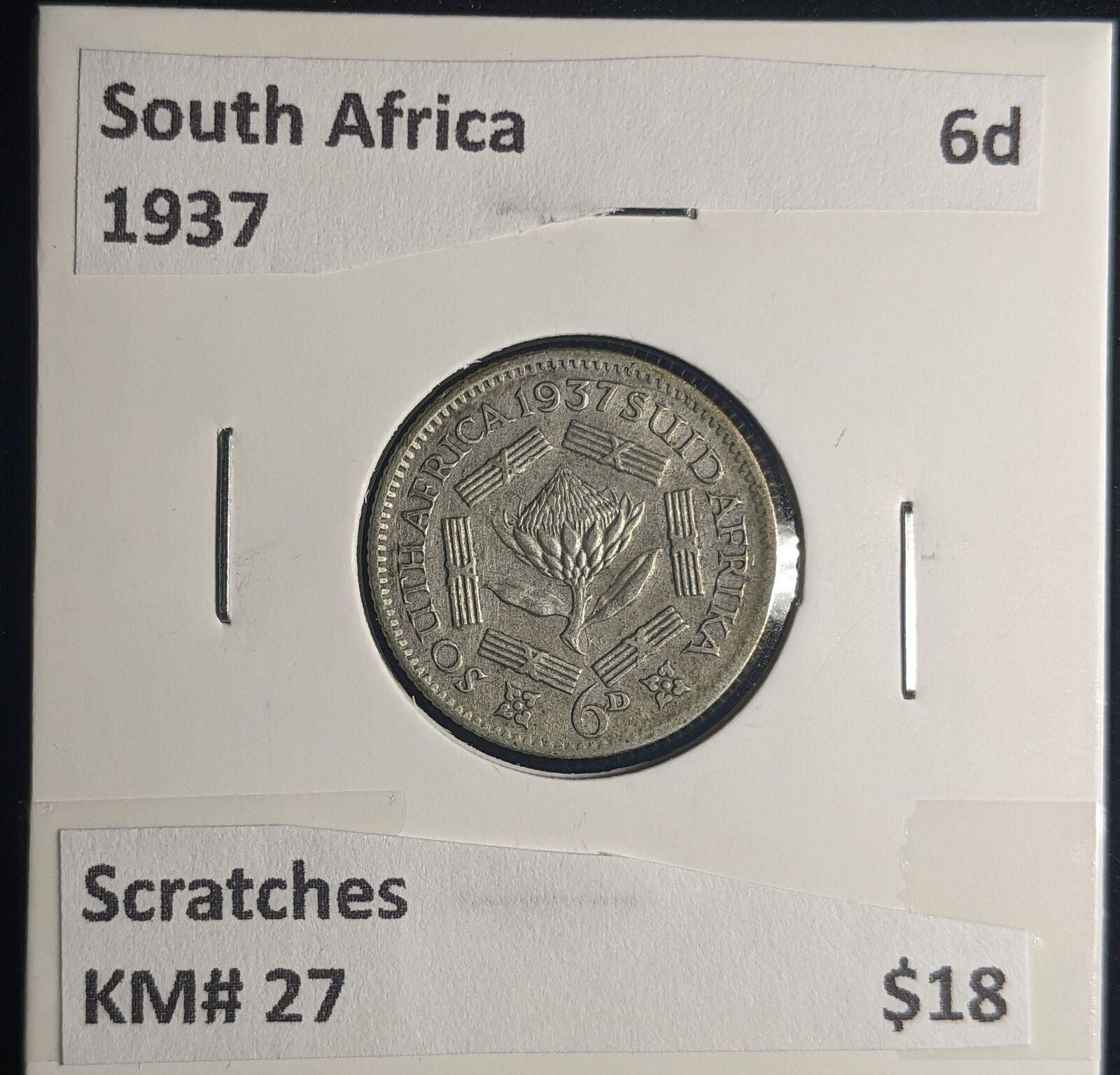 South Africa 1937 6 Pence Sixpence 6d KM# 27 Scratches #0250 #24C