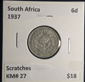 South Africa 1937 6 Pence Sixpence 6d KM# 27 Scratches #0250 #24C