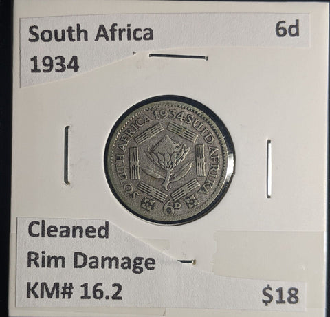South Africa 1934 6 Pence Sixpence 6d KM# 16.2 Cleaned Rim Damage #0214 #24C