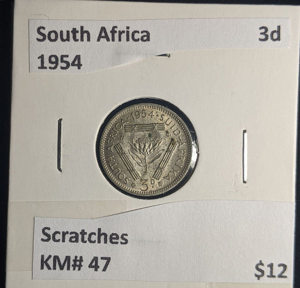 South Africa 1954 3 Pence Threepence 3d KM# 47 Scratches #0223 #24C