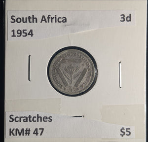 South Africa 1954 3 Pence Threepence 3d KM# 47 Scratches #0225 #24