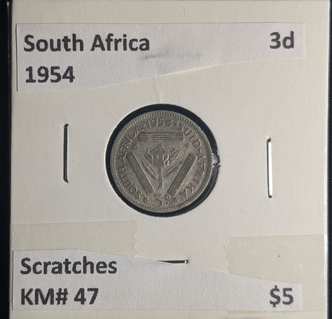 South Africa 1954 3 Pence Threepence 3d KM# 47 Scratches #0225 #24