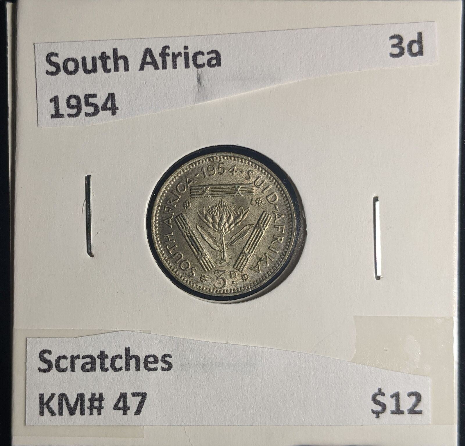 South Africa 1954 3 Pence Threepence 3d KM# 47 Scratches #0215 #24C