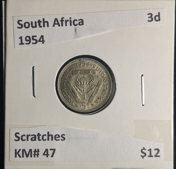 South Africa 1954 3 Pence Threepence 3d KM# 47 Scratches #0215 #24C