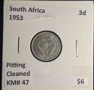 South Africa 1953 3 Pence Threepence 3d KM# 47 Pitting Cleaned #0252 #25