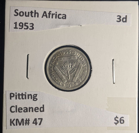 South Africa 1953 3 Pence Threepence 3d KM# 47 Pitting Cleaned #0252 #25