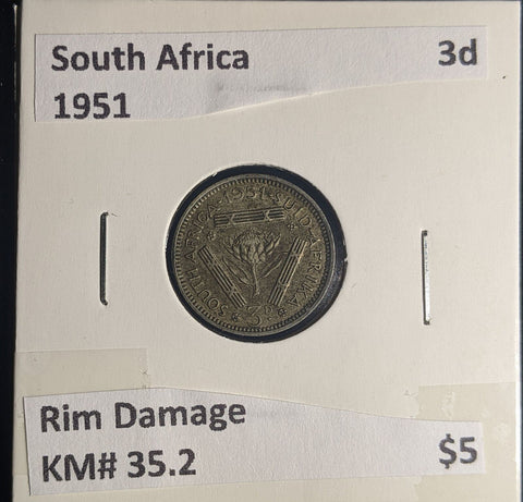 South Africa 1951 3 Pence Threepence 3d KM# 35.2 Rim Damage #0210 #25