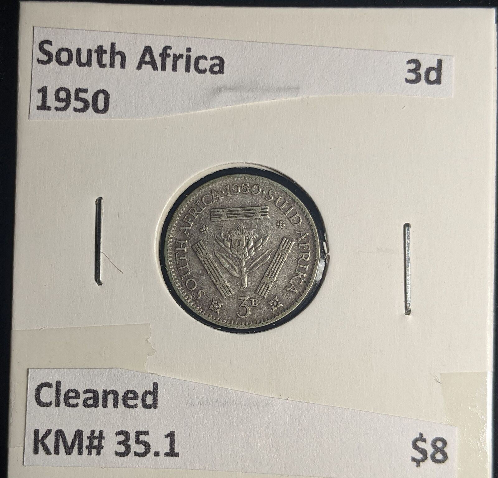 South Africa 1950 3 Pence Threepence 3d KM# 35.1 Cleaned #0222 #25