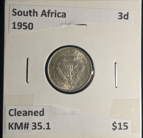 South Africa 1950 3 Pence Threepence 3d KM# 35.1 Cleaned #0208 #25A