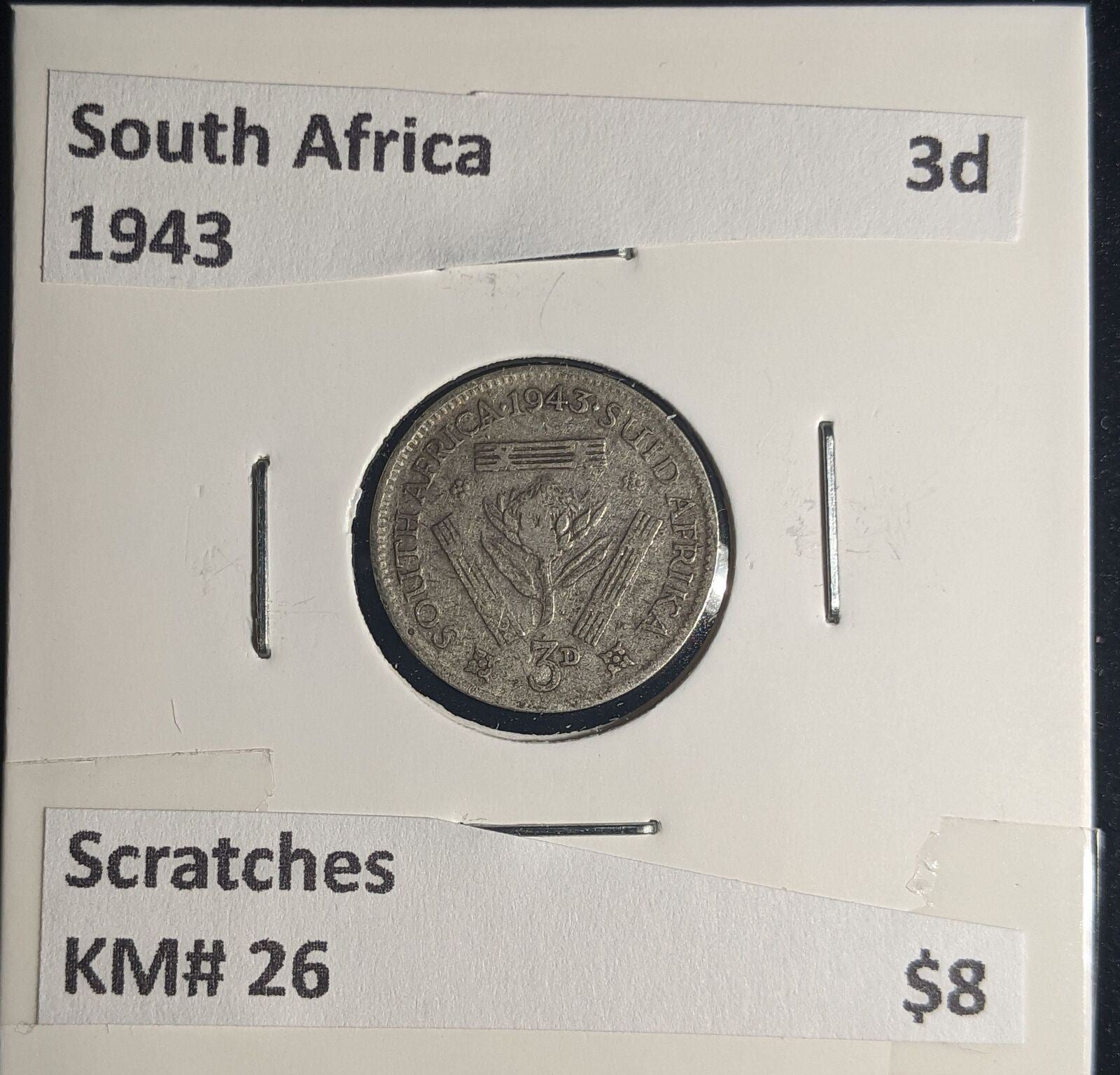 South Africa 1943 3 Pence Threepence 3d KM# 26 Scratches #235 #25