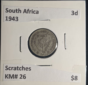 South Africa 1943 3 Pence Threepence 3d KM# 26 Scratches #235 #25