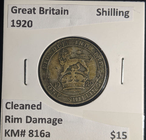 Great Britain 1920 Shilling 1/- KM# 816a Cleaned Rim Damage #045 #25A