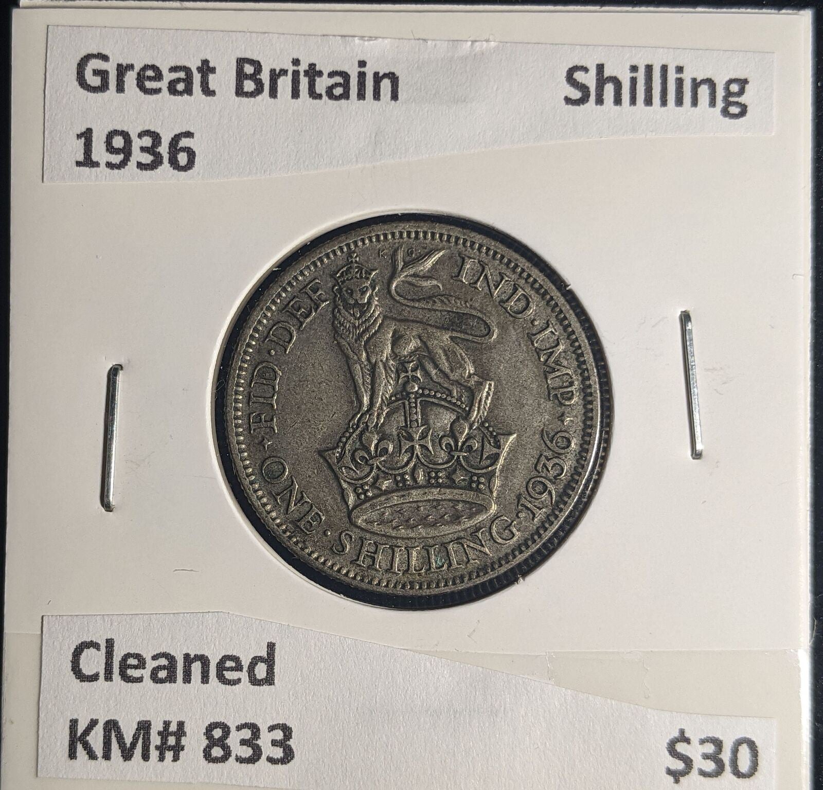 Great Britain 1936 Shilling 1/- KM# 833 Cleaned #063 #25A