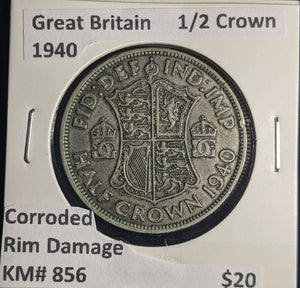 Great Britain 1940 Half Crown 1/2C KM# 856 Corroded Rim Damage #262 #25B
