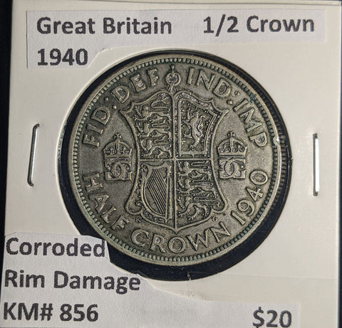 Great Britain 1940 Half Crown 1/2C KM# 856 Corroded Rim Damage #262 #25B
