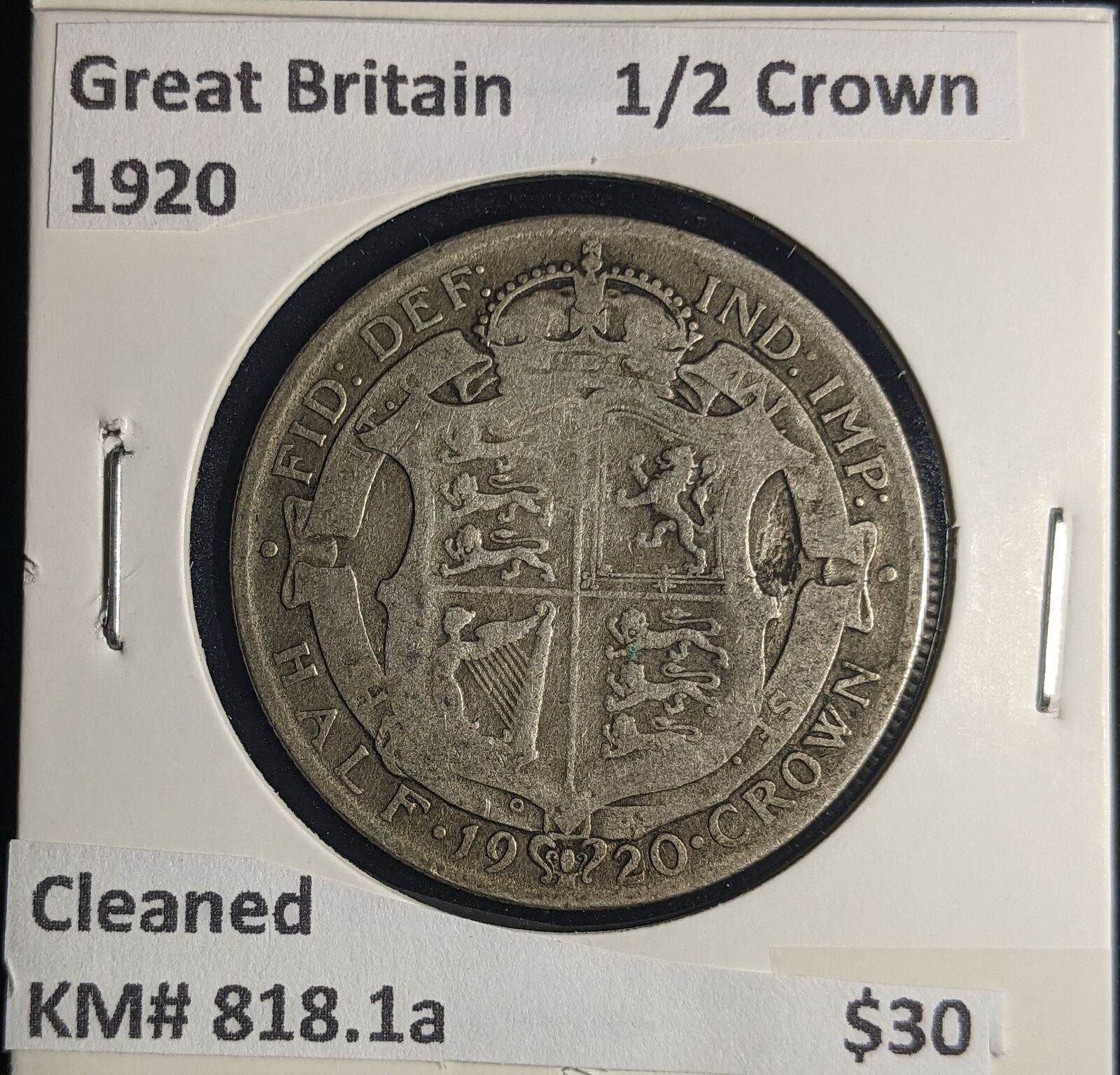 Great Britain 1920 Half Crown 1/2C KM# 818.1a Cleaned #096 #25C