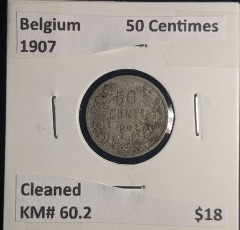 Belgium 1907 50 Centimes KM# 60.2 Cleaned #019 #25C