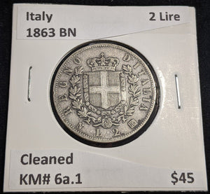 Italy 1863 BN 2 Lire KM# 6a.1 Cleaned #595 #26A