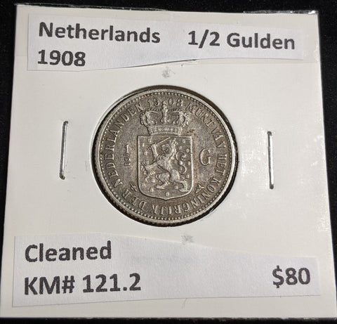 Netherlands 1908 1/2 Gulden KM# 121.2 Cleaned #046 #26A