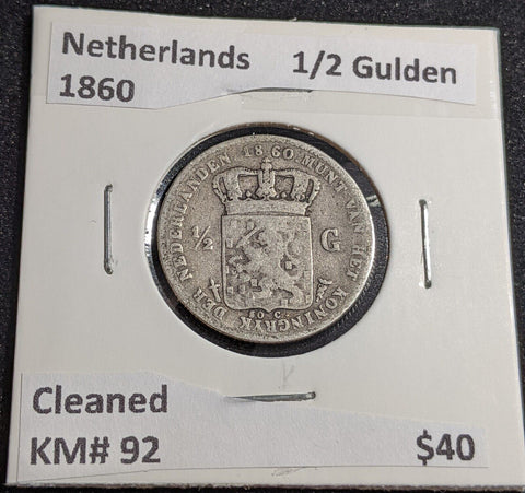 Netherlands 1860 1/2 Gulden KM# 92 Cleaned #037 #26A