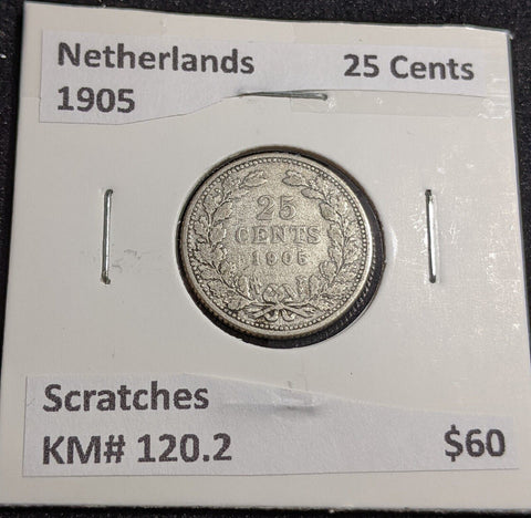 Netherlands 1905 25 Cents KM# 120.2 Scratches #048 #26A